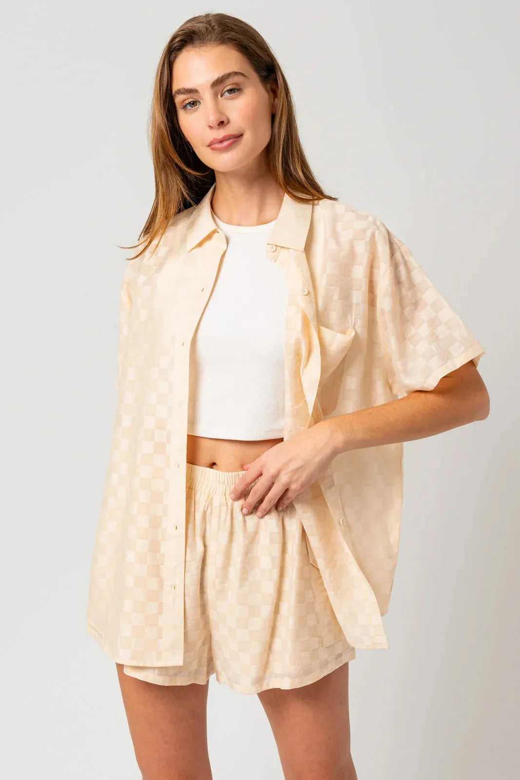 Oversize Checkered Short Sleeve Button down Top & Shorts Set