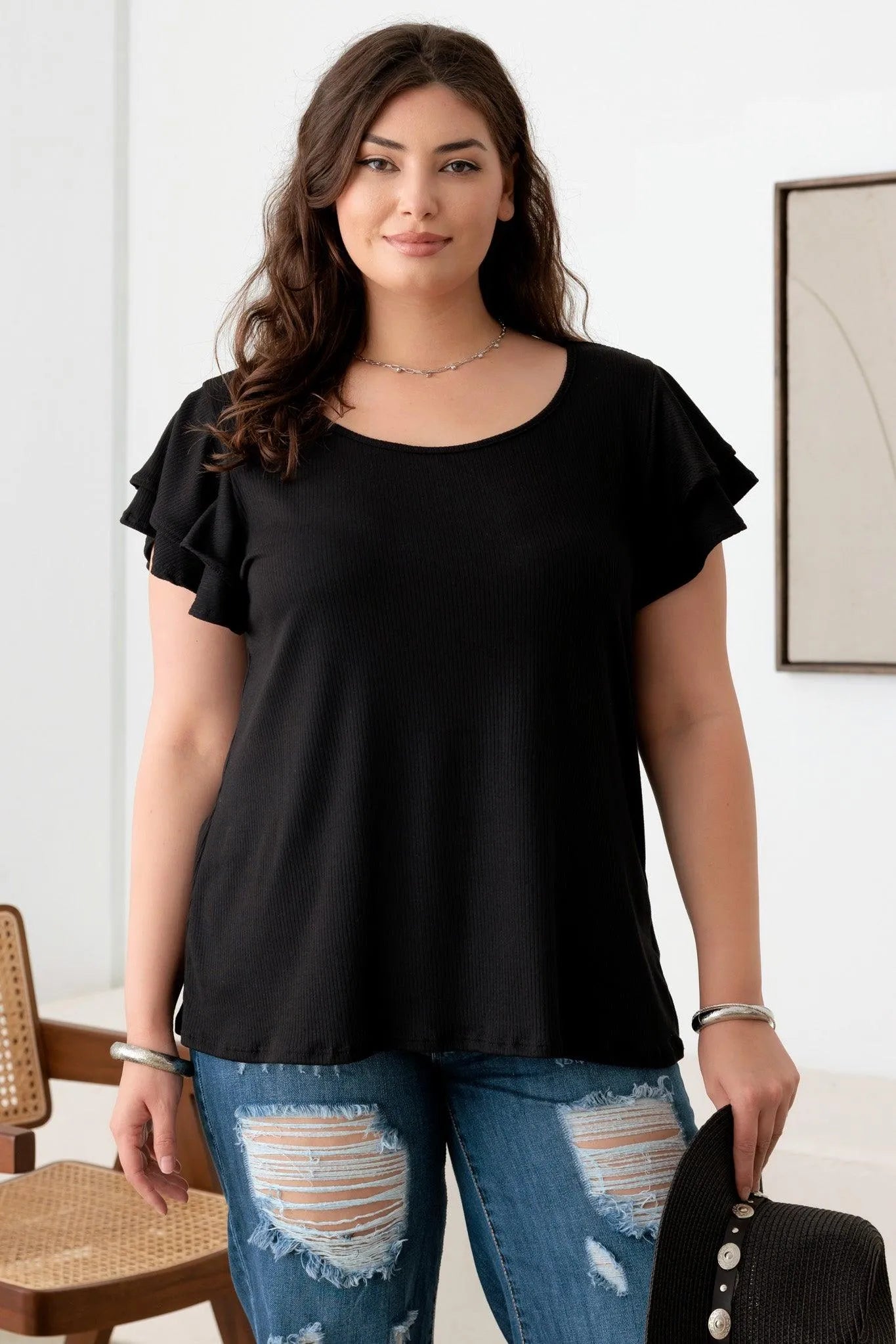 Plus Size Short Fluttery Sleeves round Neck Ribbed Top