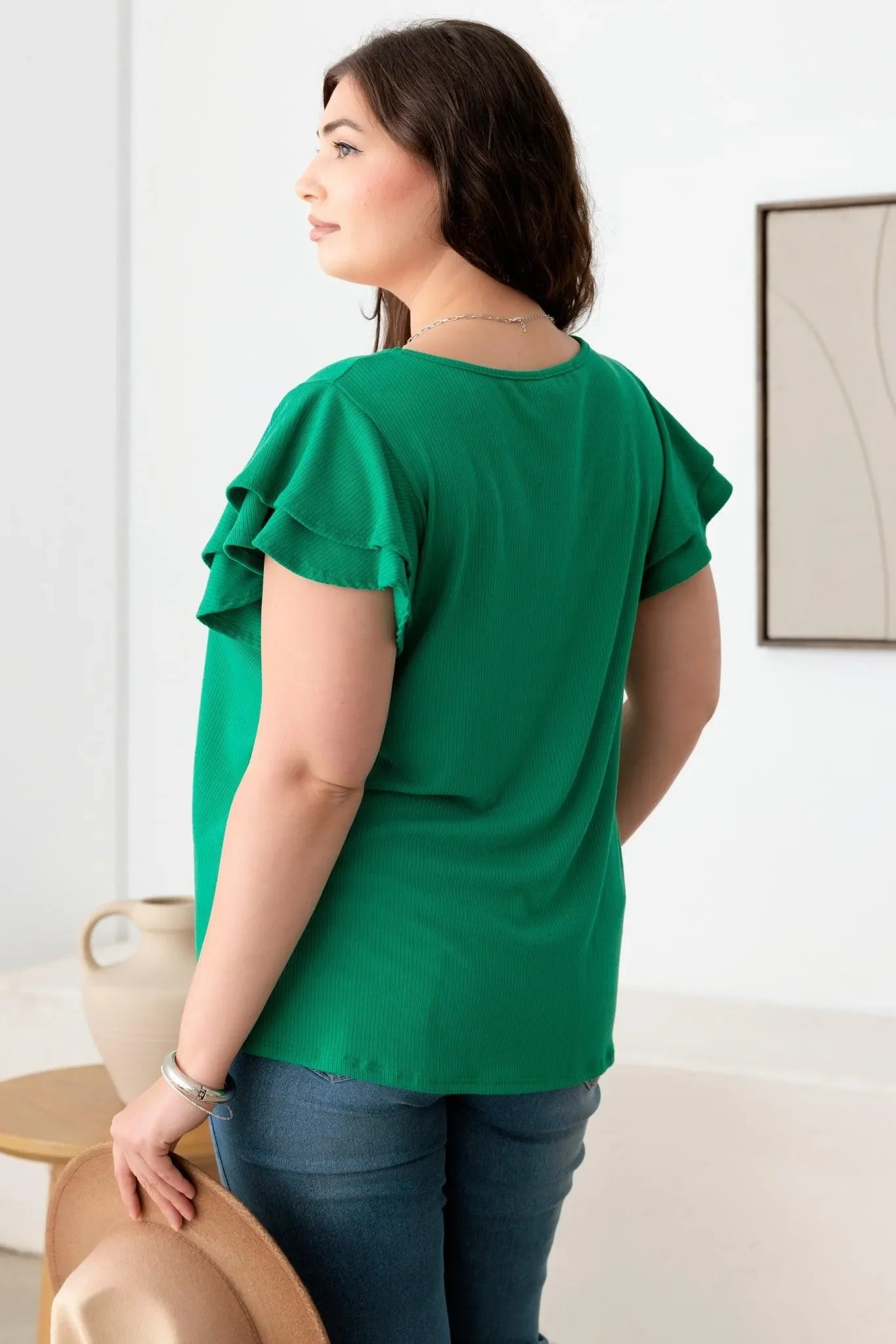 Plus Size Short Fluttery Sleeves round Neck Ribbed Top