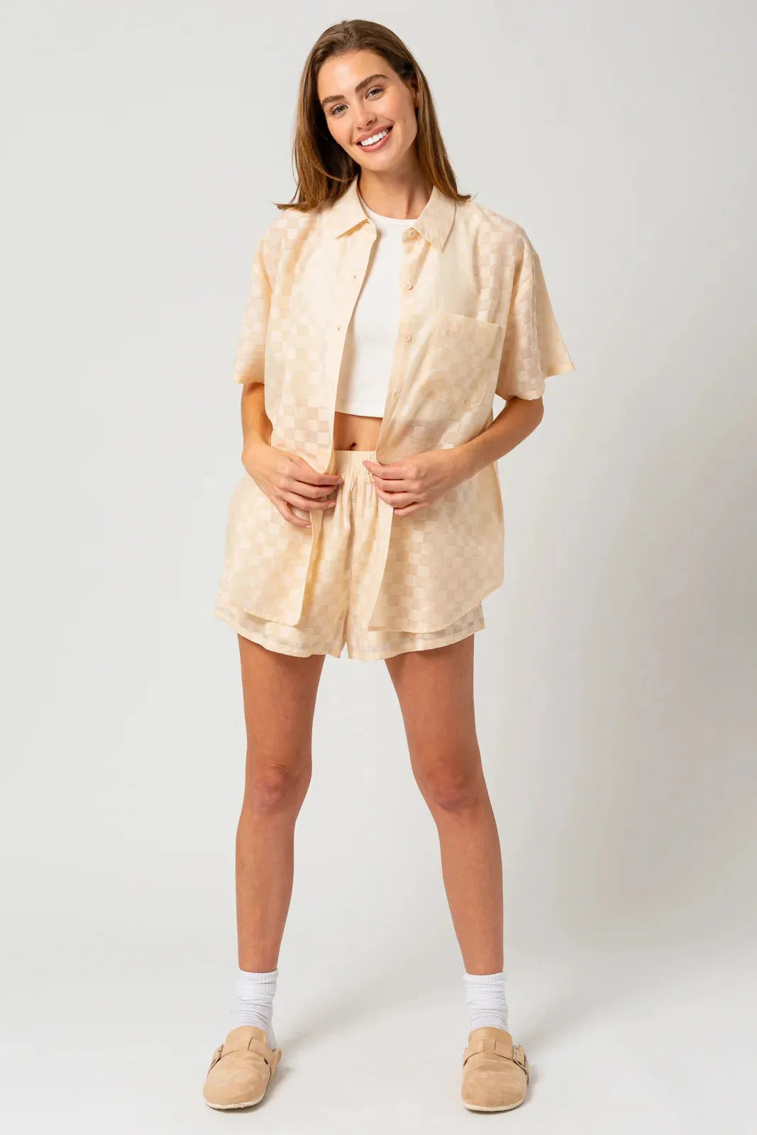 Oversize Checkered Short Sleeve Button down Top & Shorts Set