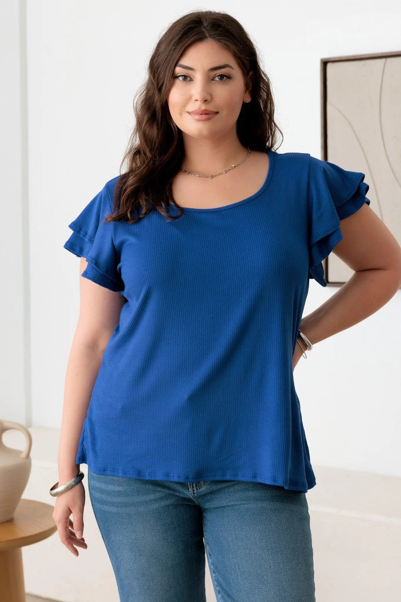 Plus Size Short Fluttery Sleeves round Neck Ribbed Top