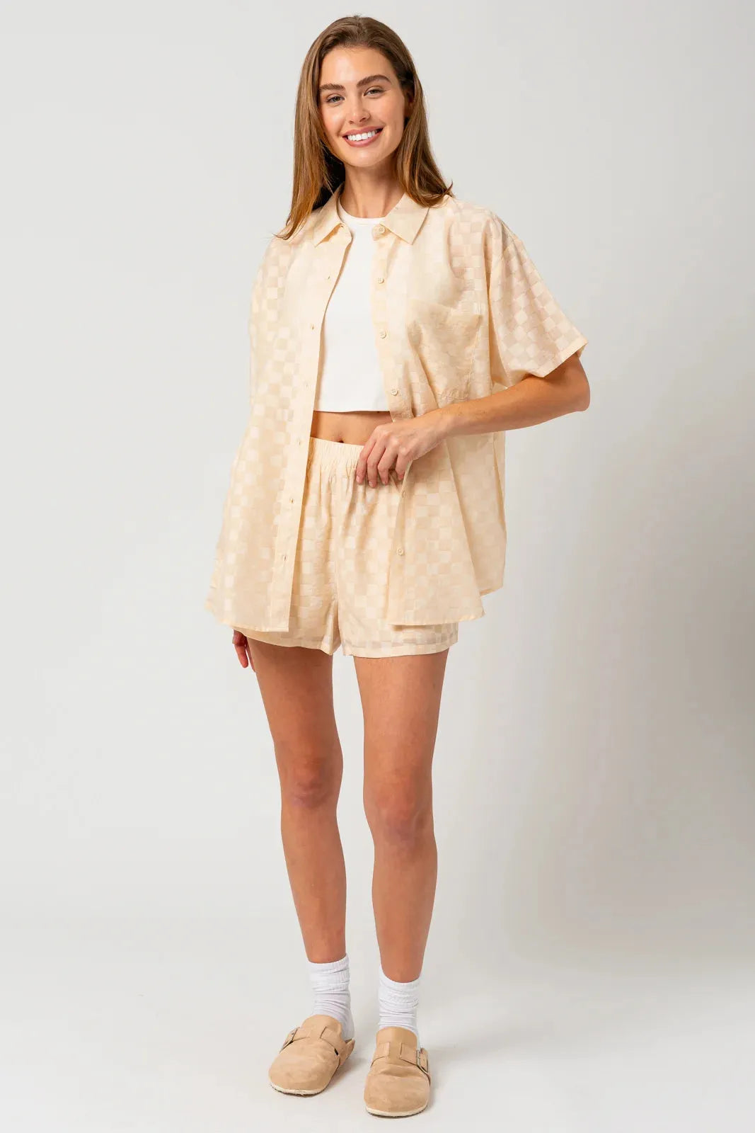 Oversize Checkered Short Sleeve Button down Top & Shorts Set