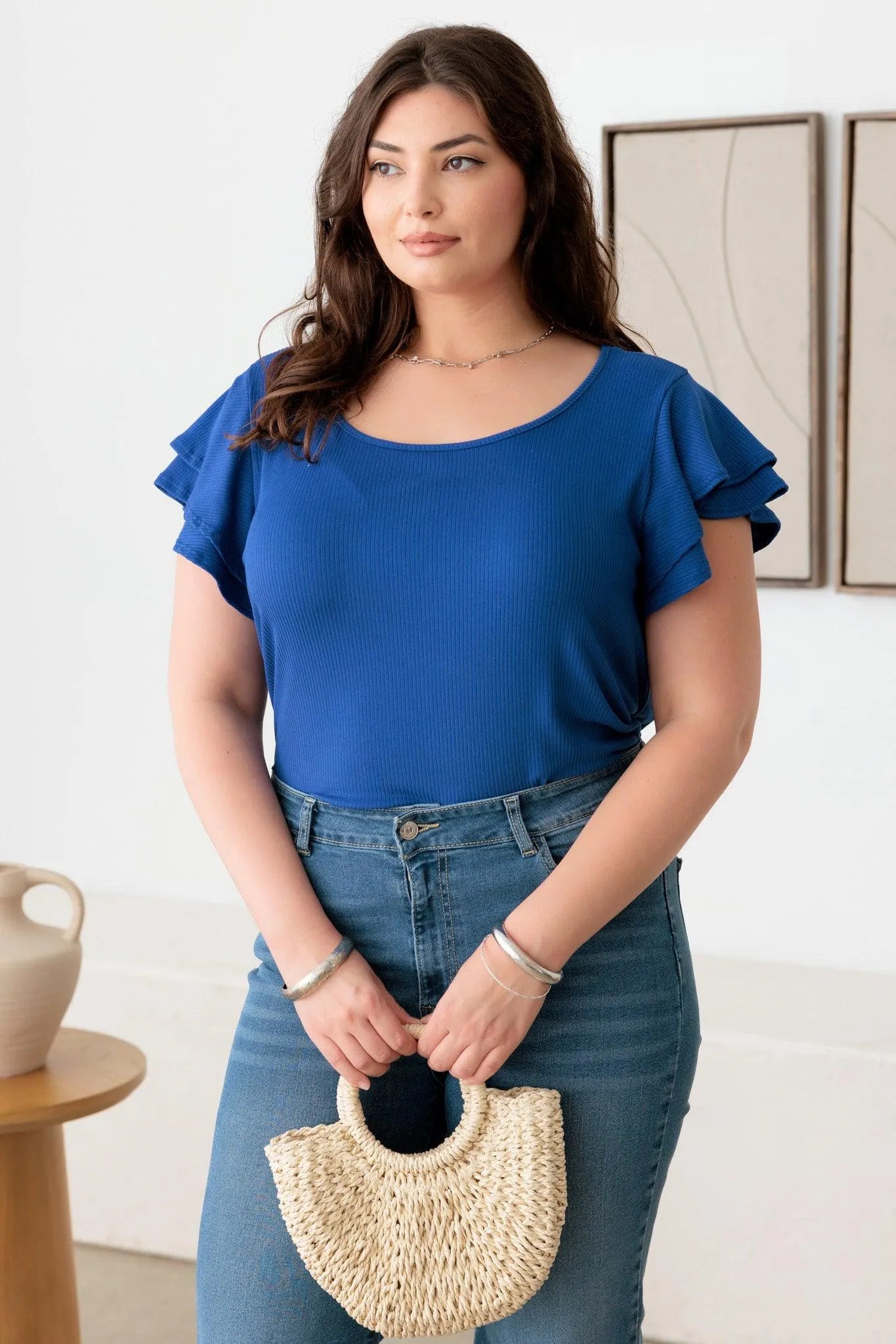 Plus Size Short Fluttery Sleeves round Neck Ribbed Top