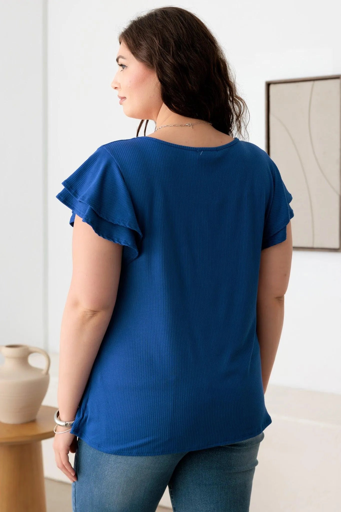 Plus Size Short Fluttery Sleeves round Neck Ribbed Top