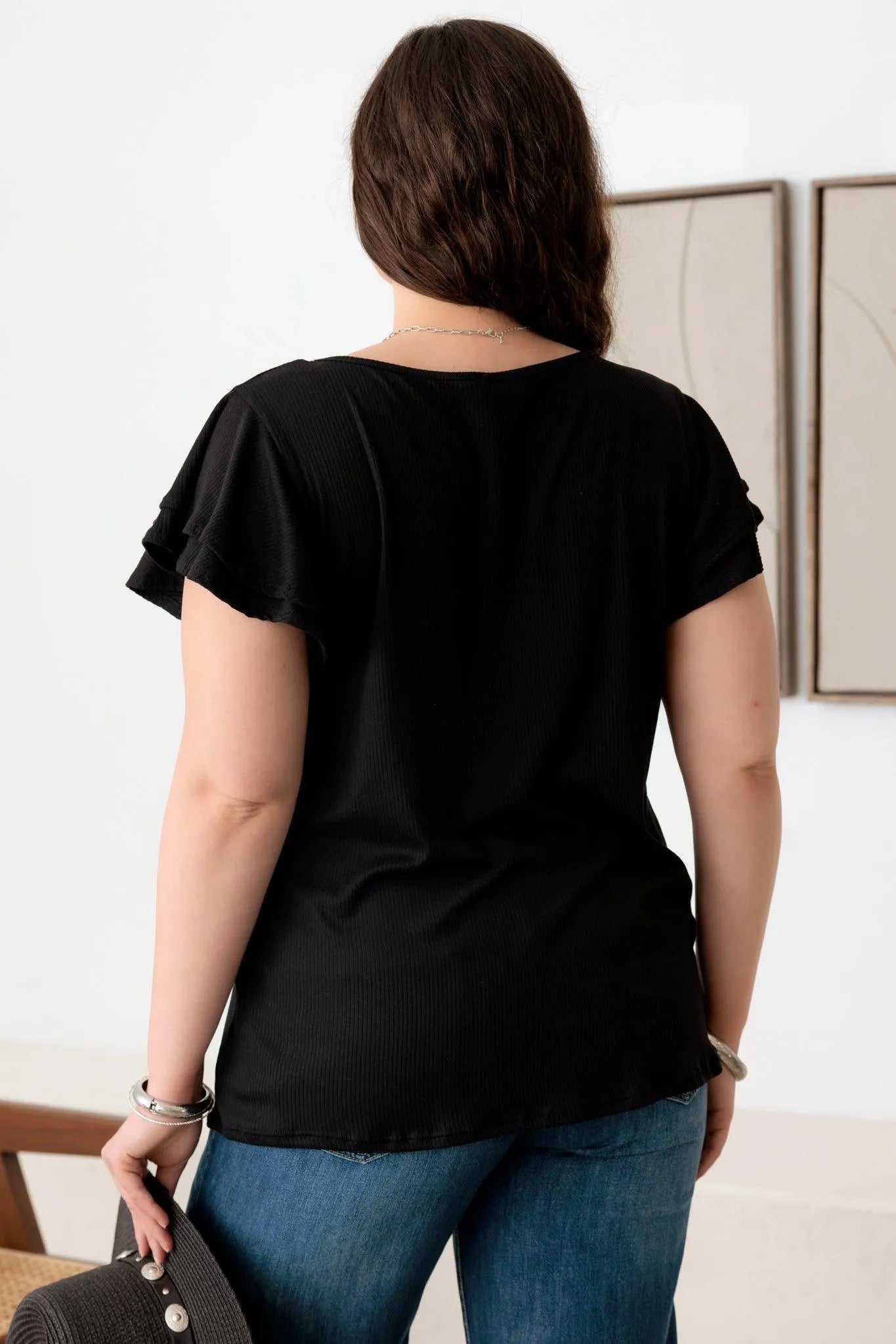 Plus Size Short Fluttery Sleeves round Neck Ribbed Top