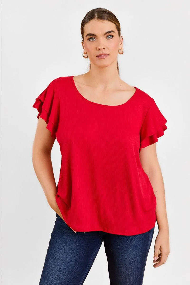 Plus Size Short Fluttery Sleeves round Neck Ribbed Top