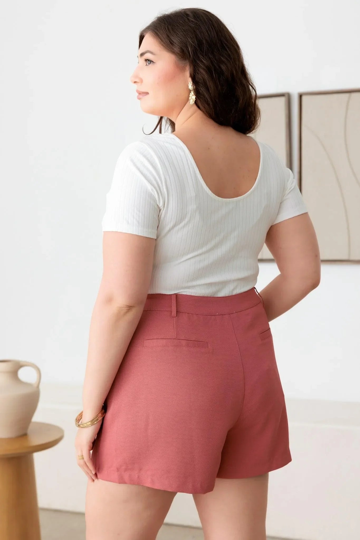 Plus Size Plated High Waist Coral Short