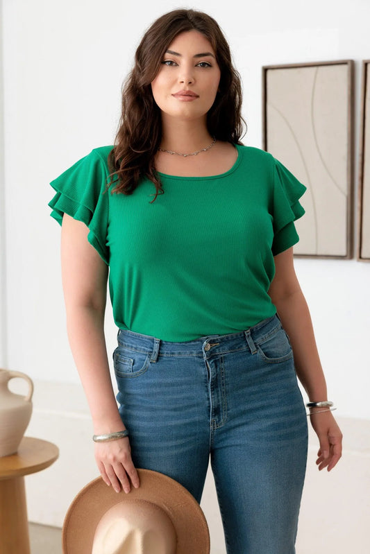 Plus Size Short Fluttery Sleeves round Neck Ribbed Top
